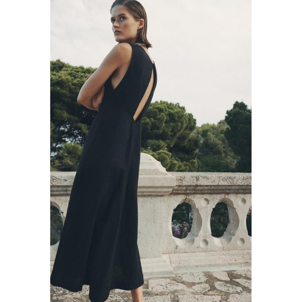 ZARA BLACK MIDI DRESS ZW COLLECTION NWT SIZE XS 100% LINEN